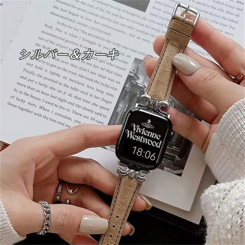 apple watch series 10 バンド 本革 アップル ウォッチ バンド かわいい 人気 我的商店 シルバー*カーキ 38/40/41/42(Series10)mm