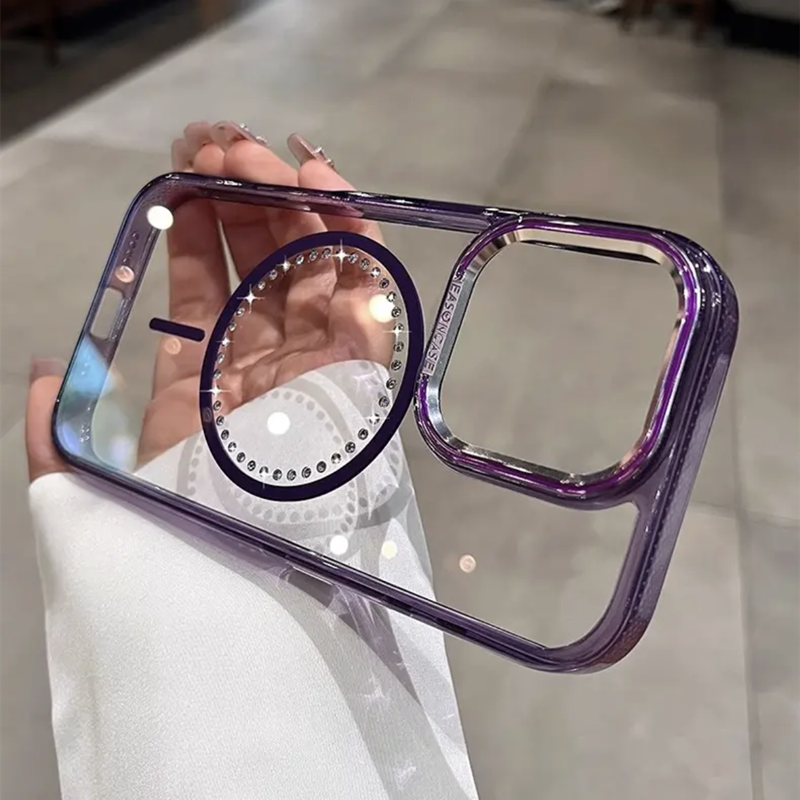 magsafeケース クリア iphone16pro/15/14 ケース ストーンデコ ハードケース GETCASE パープル iPhone16