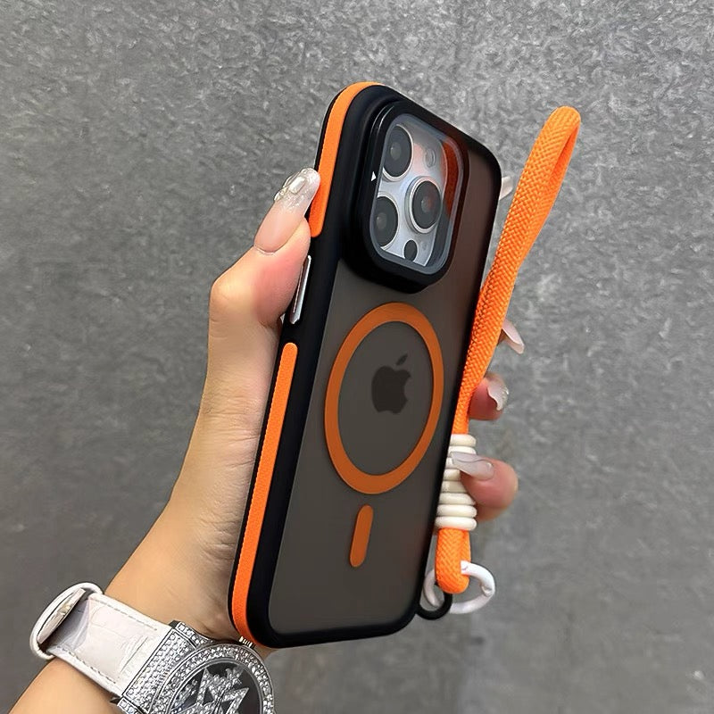 ストラップ付き マットクリアiPhoneケース カメラ保護 隠しスタンド magsafeケース GUESTCASE オレンジ iPhone16