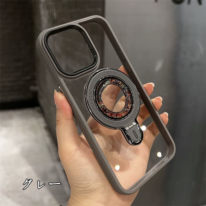 隠しスタンド magsafe対応 iphone17pro/16pro ケース クリア スマホケース キラキラ 動く GUESTCASE グレー iPhone17
