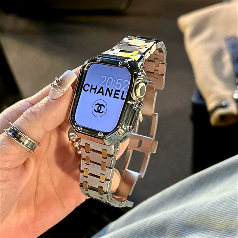 アップルウォッチバンド おしゃれ 男女兼用 ステンレスバンド 人気「apple watchカバー付き」 GETCASE シルバー&ゴールド 38mm ①