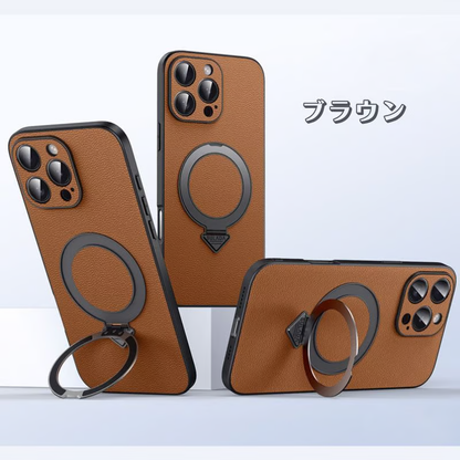 超強力で極薄iPhone牛革ケース フラットスタンドリング iPhoneレザーケース ビジネスシーンに最適 GETCASE ブラウン iphone16