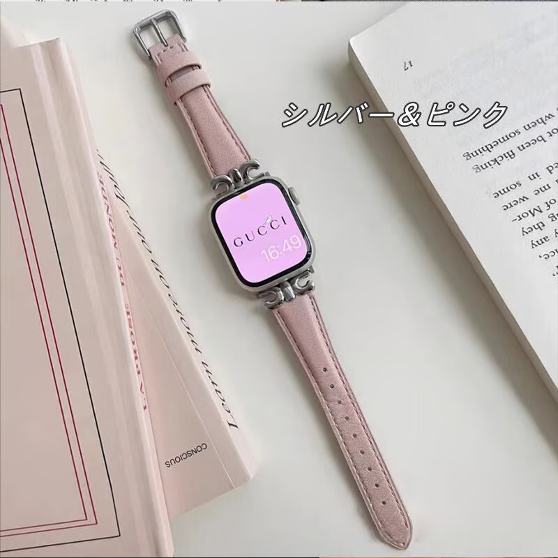 apple watch series 10 バンド 本革 アップル ウォッチ バンド かわいい 人気 我的商店 シルバー*ピンク 38/40/41/42(Series10)mm