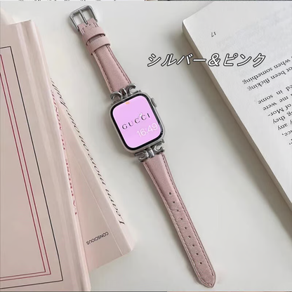 apple watch series 10 バンド 本革 アップル ウォッチ バンド かわいい 人気 我的商店 シルバー*ピンク 38/40/41/42(Series10)mm