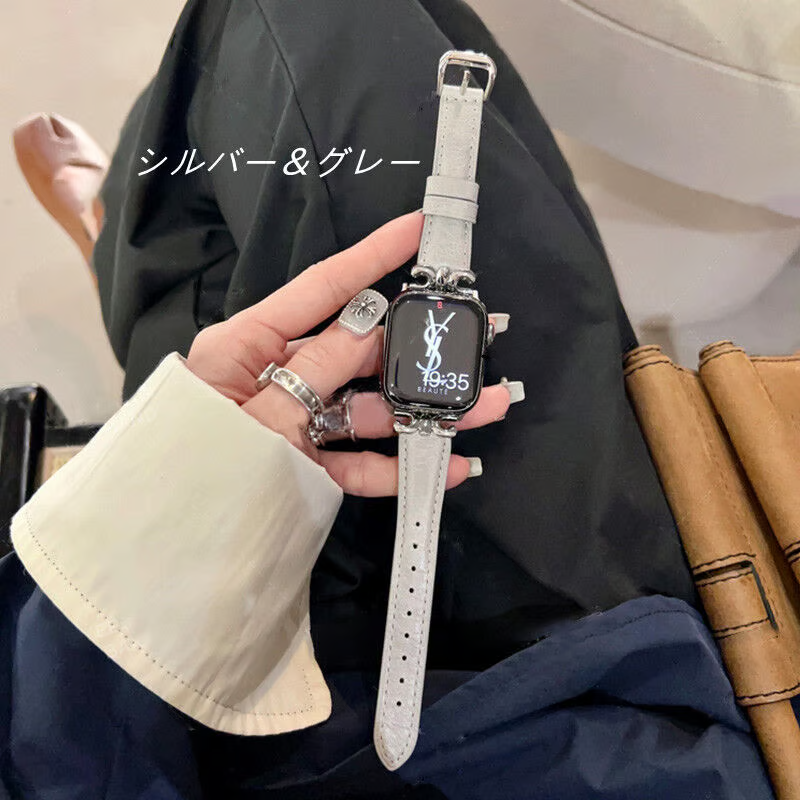 apple watch series 10 バンド 本革 アップル ウォッチ バンド かわいい 人気 我的商店 シルバー＊グレー 38/40/41/42(Series10)mm