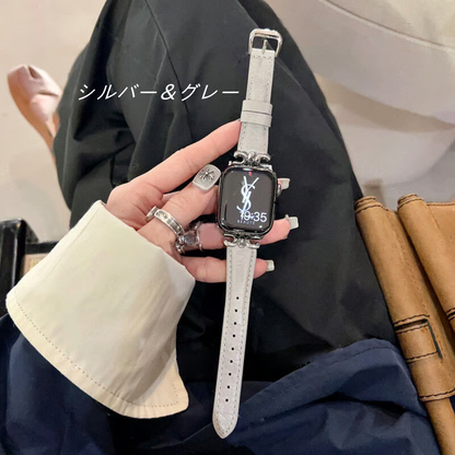 apple watch series 10 バンド 本革 アップル ウォッチ バンド かわいい 人気 我的商店 シルバー＊グレー 38/40/41/42(Series10)mm