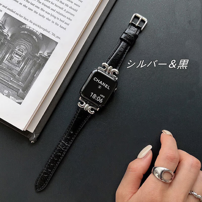 apple watch series 10 バンド 本革 アップル ウォッチ バンド かわいい 人気 我的商店 シルバー*黒 38/40/41/42(Series10)mm