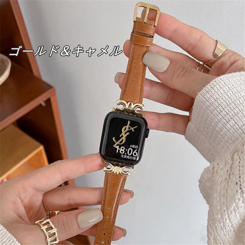 apple watch series 10 バンド 本革 アップル ウォッチ バンド かわいい 人気 我的商店 ゴールド*キャメル 38/40/41/42(Series10)mm