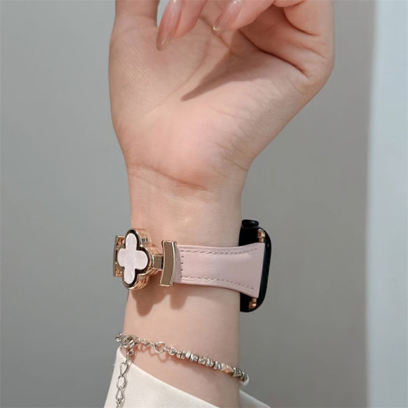 アップル ウォッチ レザー バンド 四葉のクローバー apple watch Series11/SE3対応 バンド かわいい 女性 guestcase ピンク＆シェル 38/40/41/42(Series10/11)mm