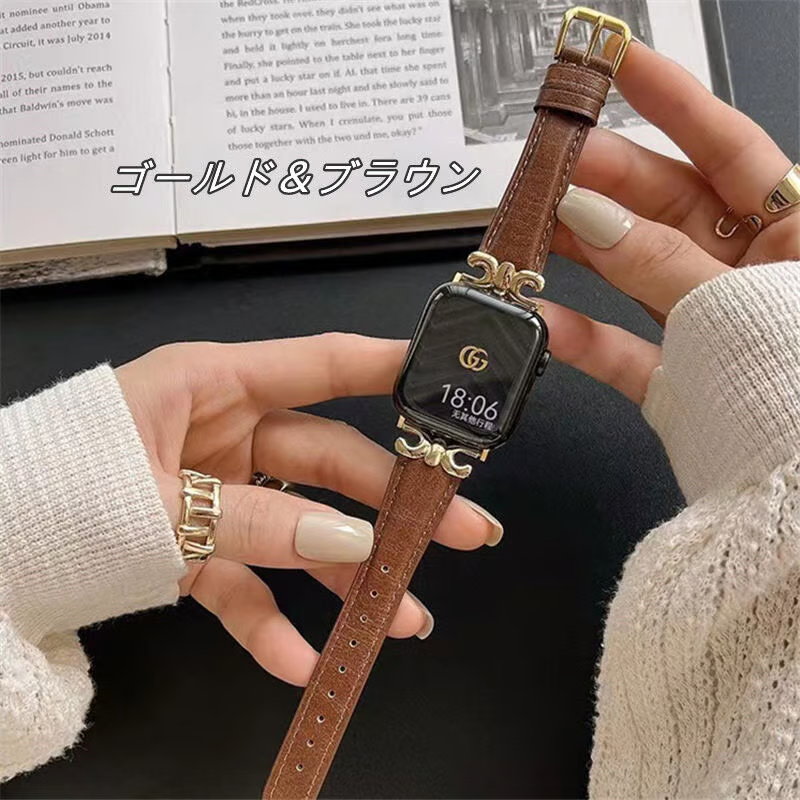 apple watch series 10 バンド 本革 アップル ウォッチ バンド かわいい 人気 我的商店 ゴールド*ブラウン 38/40/41/42(Series10)mm
