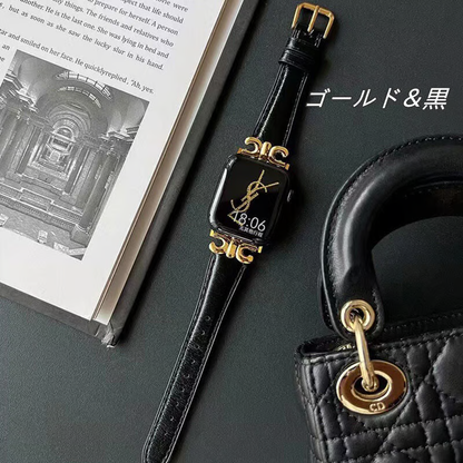 apple watch series 10 バンド 本革 アップル ウォッチ バンド かわいい 人気 我的商店 ゴールド*黒 38/40/41/42(Series10)mm