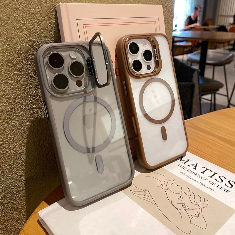 カメラ保護リング付き iphoneケース 隠しスタンド付き magsafeケース クリア