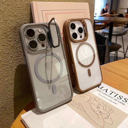 カメラ保護リング付き iphoneケース 隠しスタンド付き magsafeケース クリア