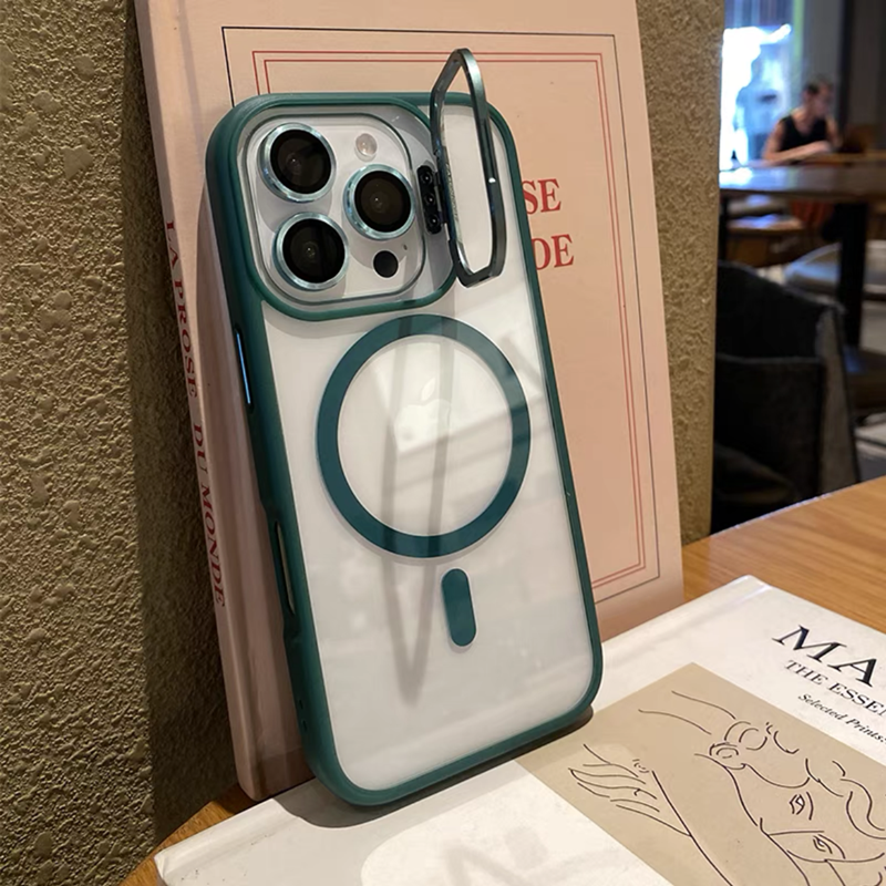 カメラ保護リング付き iphoneケース 隠しスタンド付き magsafeケース クリア