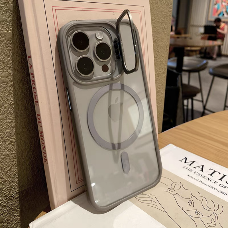 カメラ保護リング付き iphoneケース 隠しスタンド付き magsafeケース クリア