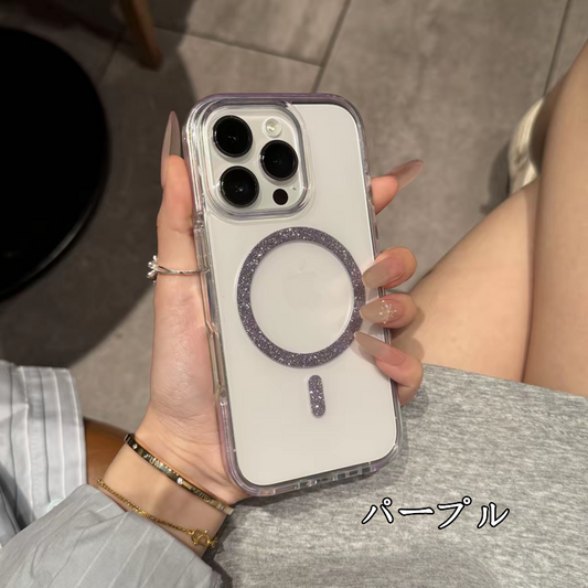 クリア iphone17pro/16pro ケース マグセーフ対応 iphoneケース おしゃれ 透明 キラキラ GUESTCASE パープル iPhone16
