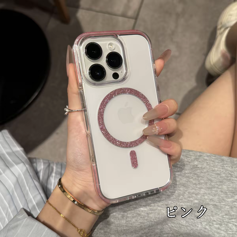 クリア iphone17pro/16pro ケース マグセーフ対応 iphoneケース おしゃれ 透明 キラキラ GUESTCASE ピンク iPhone16