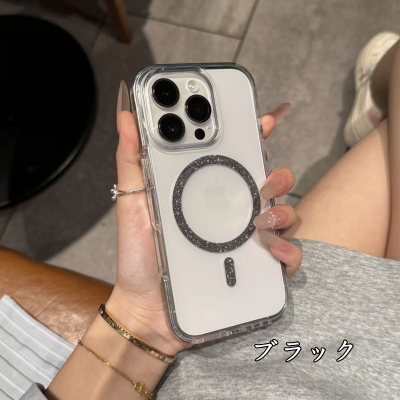 クリア iphone17pro/16pro ケース マグセーフ対応 iphoneケース おしゃれ 透明 キラキラ GUESTCASE ブラック iPhone16