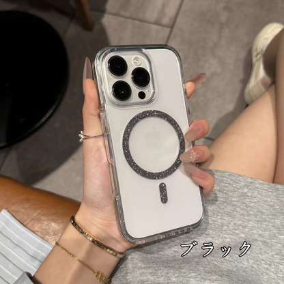 クリア iphone17pro/16pro ケース マグセーフ対応 iphoneケース おしゃれ 透明 キラキラ GUESTCASE ブラック iPhone16