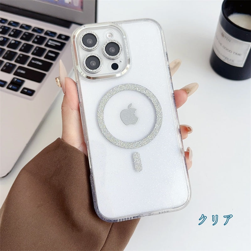 カメラ保護キラキラiPhoneケース マグセーフ充電対応かわいいiPhoneクリアケース 黄ばみにくい