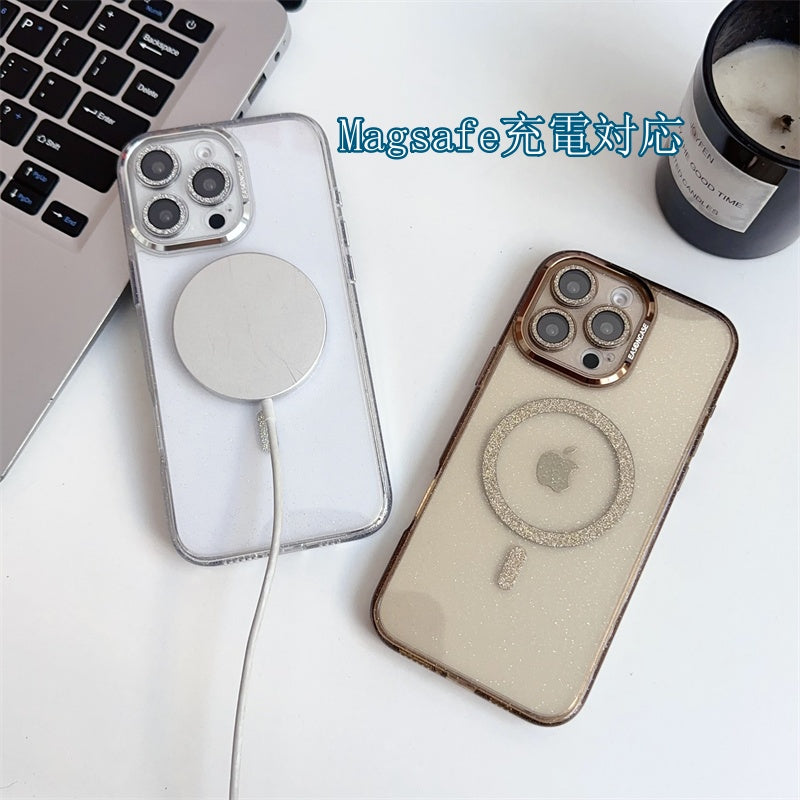 カメラ保護キラキラiPhoneケース マグセーフ充電対応かわいいiPhoneクリアケース 黄ばみにくい