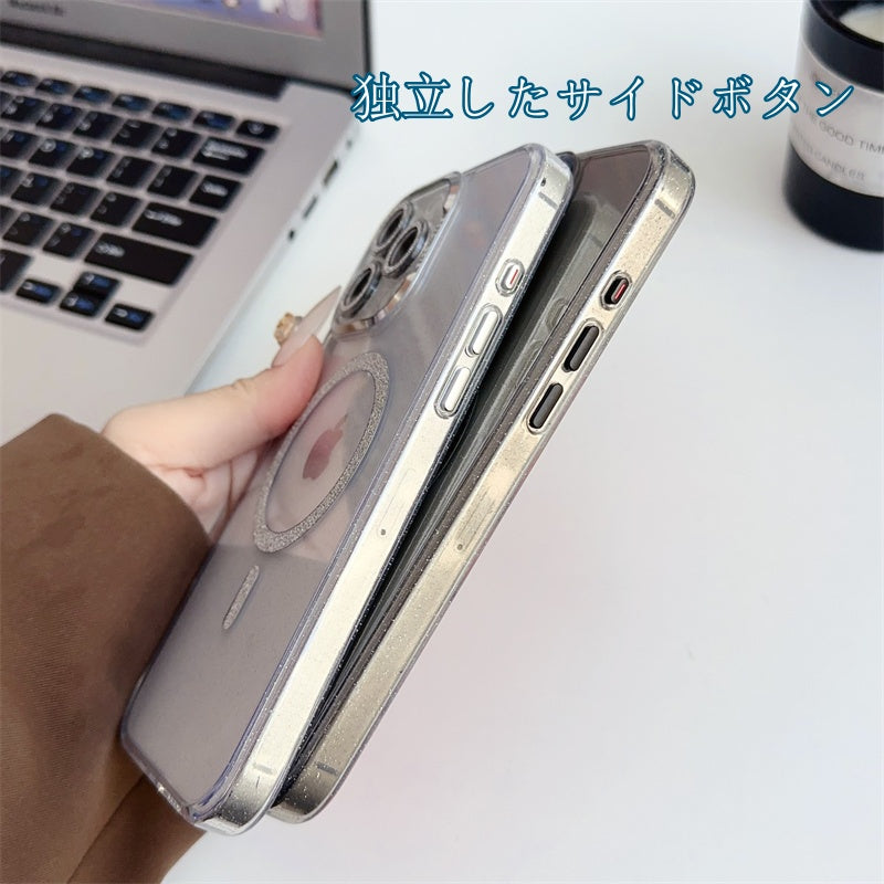 カメラ保護キラキラiPhoneケース マグセーフ充電対応かわいいiPhoneクリアケース 黄ばみにくい