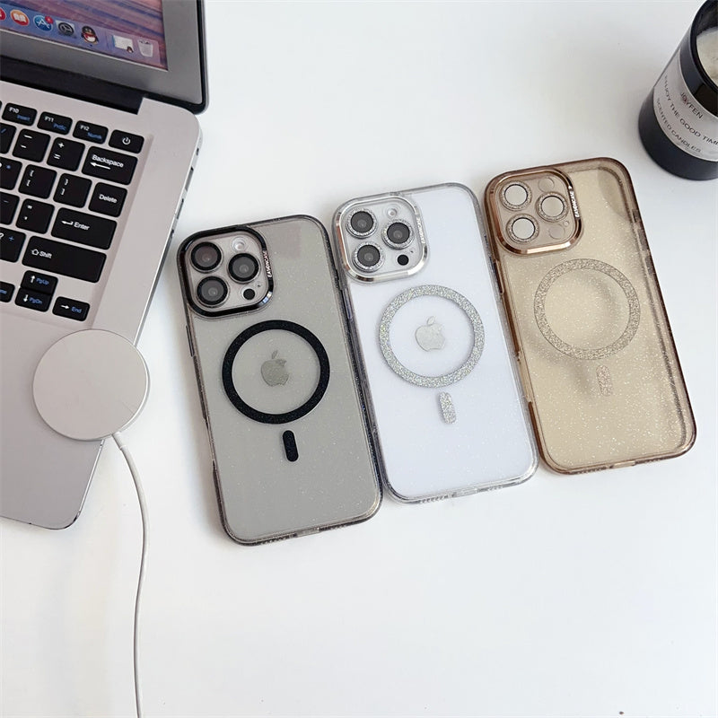 カメラ保護キラキラiPhoneケース マグセーフ充電対応かわいいiPhoneクリアケース 黄ばみにくい