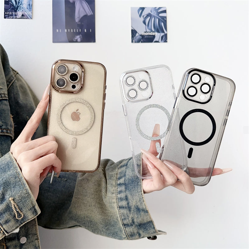 カメラ保護キラキラiPhoneケース マグセーフ充電対応かわいいiPhoneクリアケース 黄ばみにくい