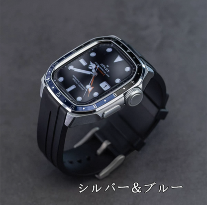 アップルウォッチ バンド ケース 一体型 メンズ apple watchバンド かっこいい シリーズ11 44mm/46mm GUESTCASE シルバー＆ブルー 44mm(S4/5/6/SE適用)