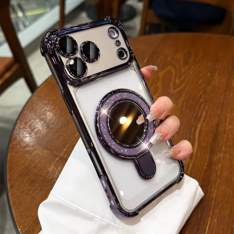 ミラー付き iphone13~17series対応クリアケース 隠しスタンド付き iphoneケース 耐衝撃 おしゃれ guestcase