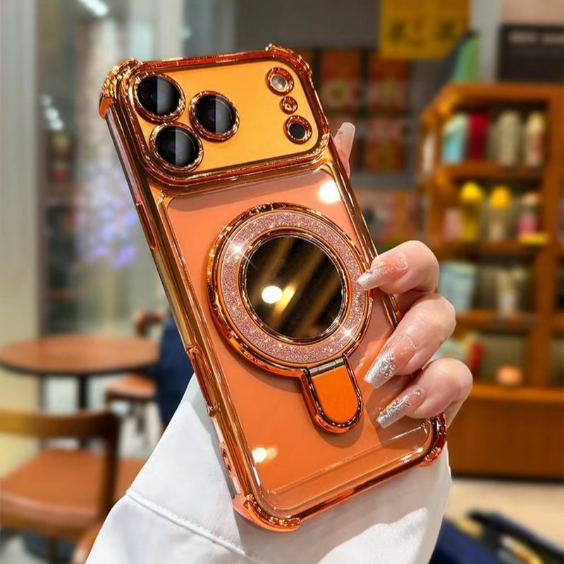ミラー付き iphone13~17series対応クリアケース 隠しスタンド付き iphoneケース 耐衝撃 おしゃれ guestcase オレンジ iPhone17