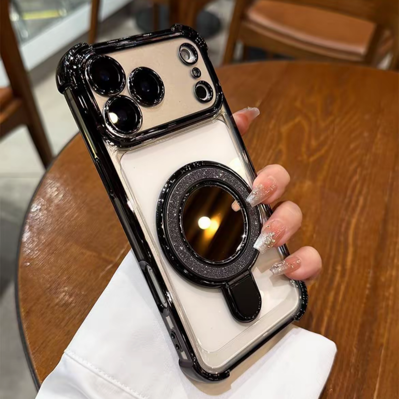 ミラー付き iphone13~17series対応クリアケース 隠しスタンド付き iphoneケース 耐衝撃 おしゃれ guestcase ブラック iPhone17