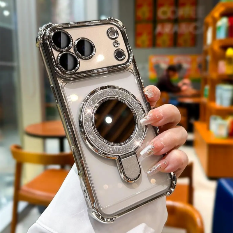 ミラー付き iphone13~17series対応クリアケース 隠しスタンド付き iphoneケース 耐衝撃 おしゃれ guestcase シルバー iPhone17