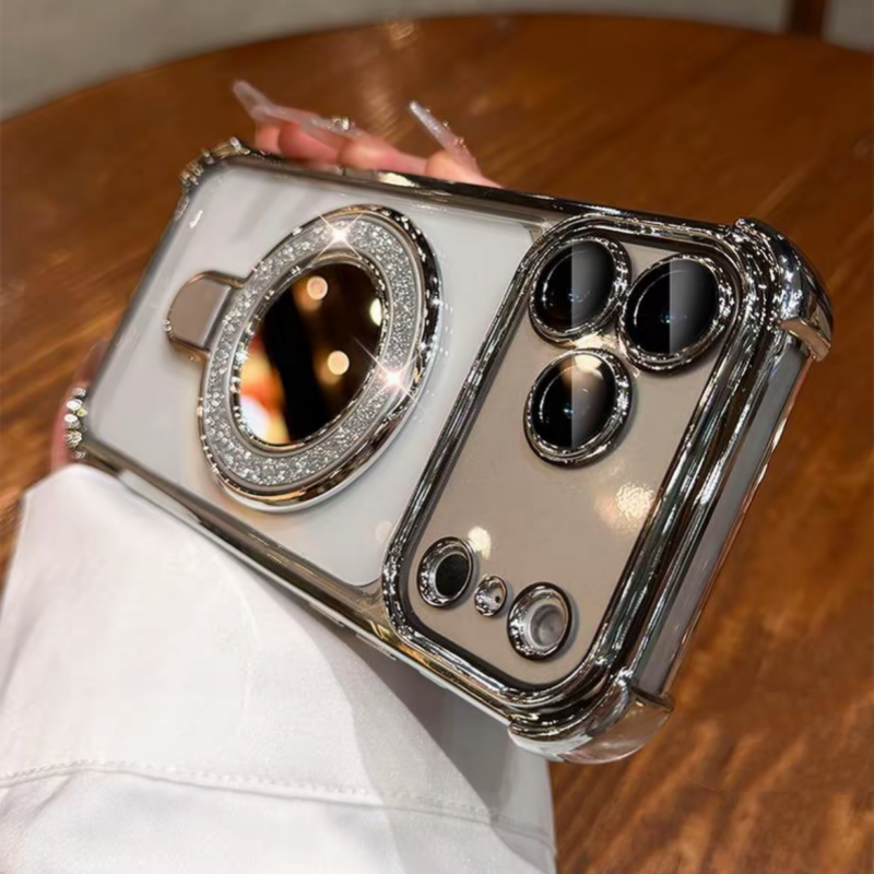 ミラー付き iphone13~17series対応クリアケース 隠しスタンド付き iphoneケース 耐衝撃 おしゃれ guestcase