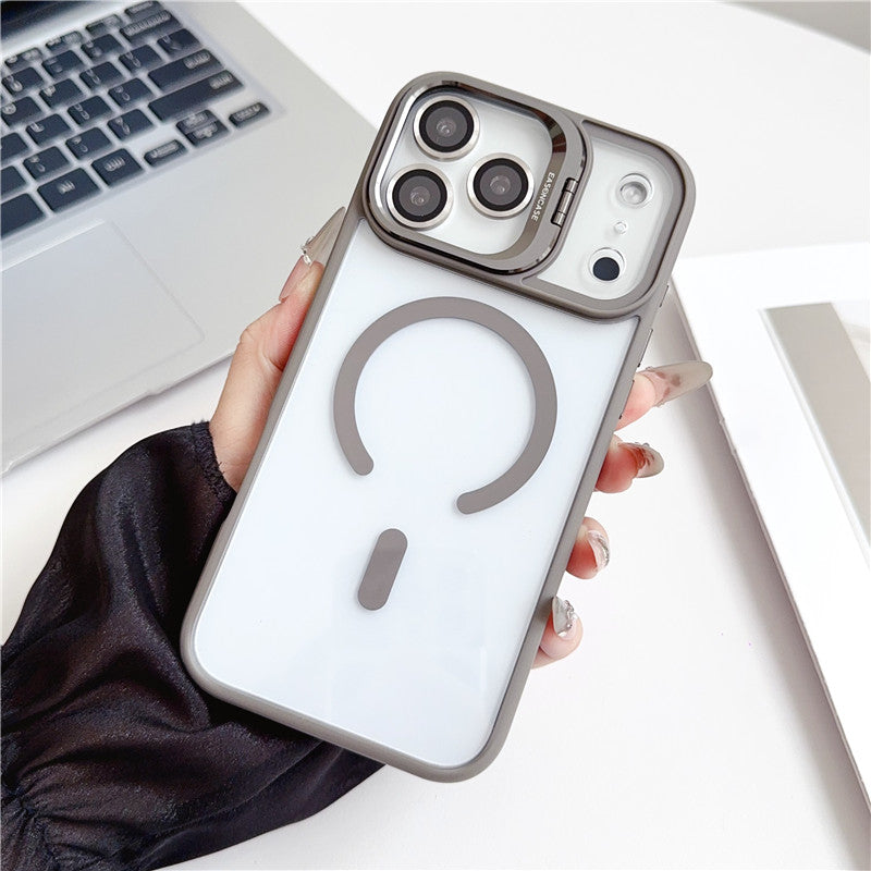 カメラ保護リング付き iphone17/17proケース 隠しスタンド付き magsafeケース クリア GETCASE グレー iPhone17