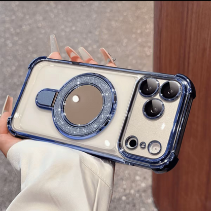 ミラー付き iphone13~17series対応クリアケース 隠しスタンド付き iphoneケース 耐衝撃 おしゃれ guestcase ブルー iPhone17