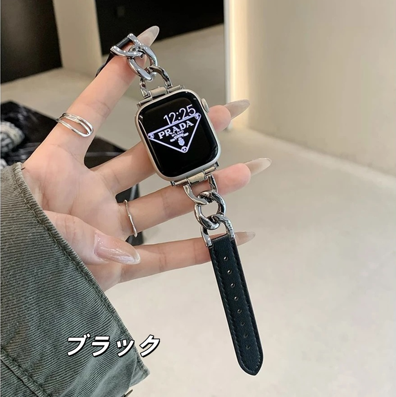 レザーxステンレス アップルウォッチバンド おしゃれ 女性 apple watchベルト guestcase ブラック 38/40/41/42(Series10/11)mm