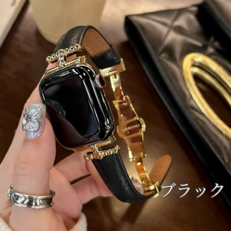 女性向け 本革のアップルウォッチバンド おしゃれ 高級 apple watch 革 バンド GUESTCASE ブラック 38/40/41/42(Series10)mm