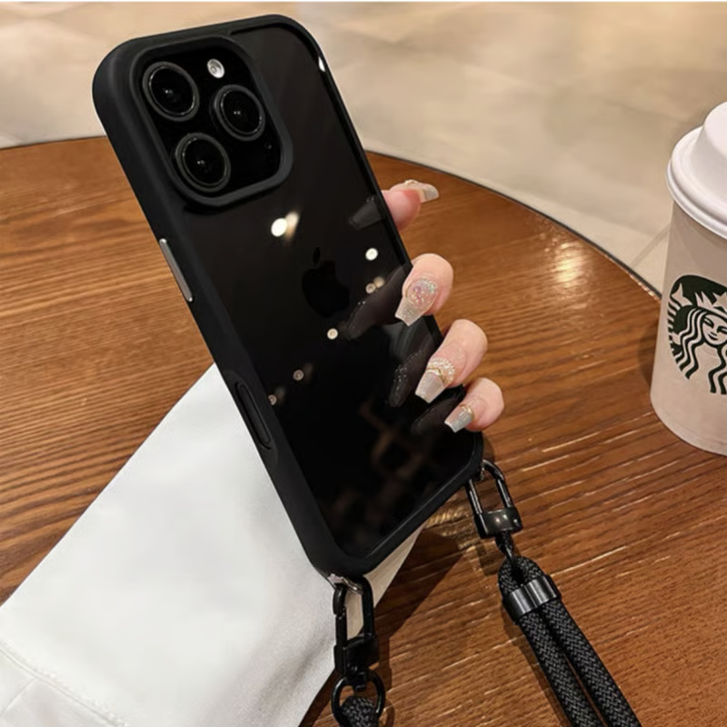 隠しストラップホール付き iphone ショルダーケース クリア 黄ばみにくい GUESTCASE ブラック iPhone16