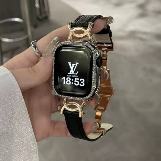 「apple watchカバー付き」おしゃれなアップルウォッチバンド 女性用 レザーベルト GUESTCASE ブラック 38mm