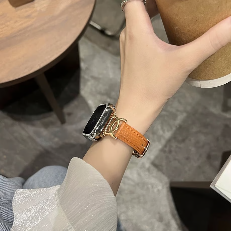 「apple watchカバー付き」おしゃれなアップルウォッチバンド 女性用 レザーベルト GUESTCASE オレンジ 38mm