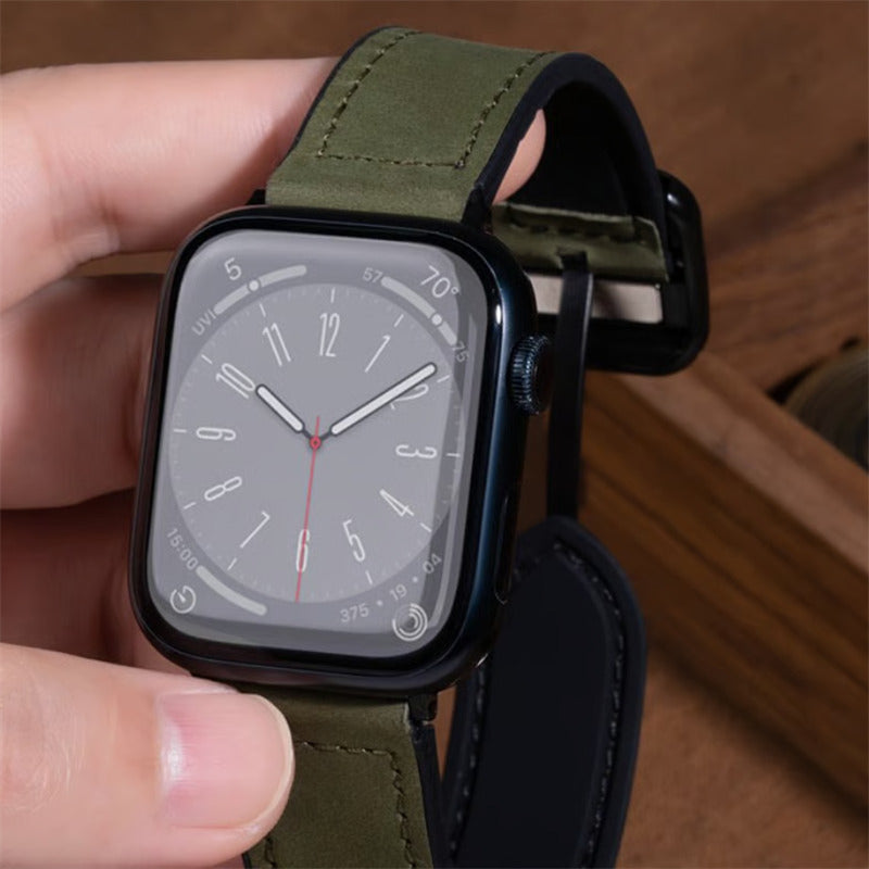 「男女兼用」apple watch series 11 バンド マグネット アップル ウォッチ バンド 革+シリコン guestcase クレイジーホース・グリーン 38/40/41/42(Series10/11)mm