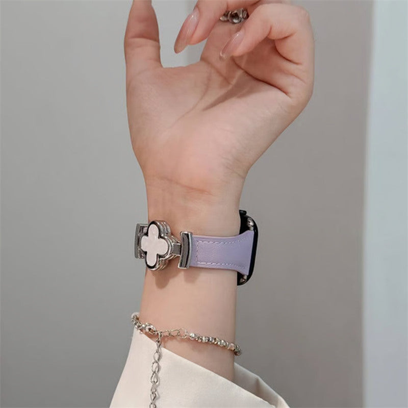 アップル ウォッチ レザー バンド 四葉のクローバー apple watch Series11/SE3対応 バンド かわいい 女性 guestcase パープル＆シェル 38/40/41/42(Series10/11)mm
